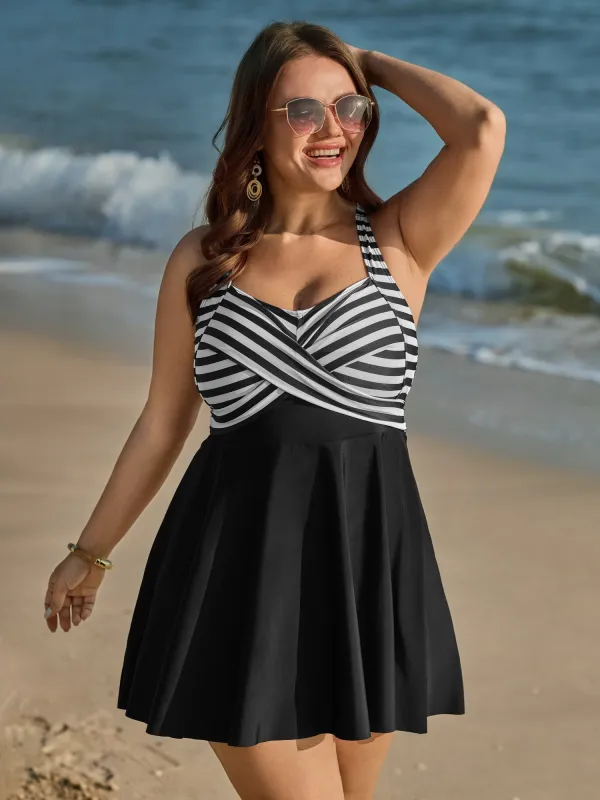 Striped Contrast Twist Front Swim Dress sold by Bloomchic