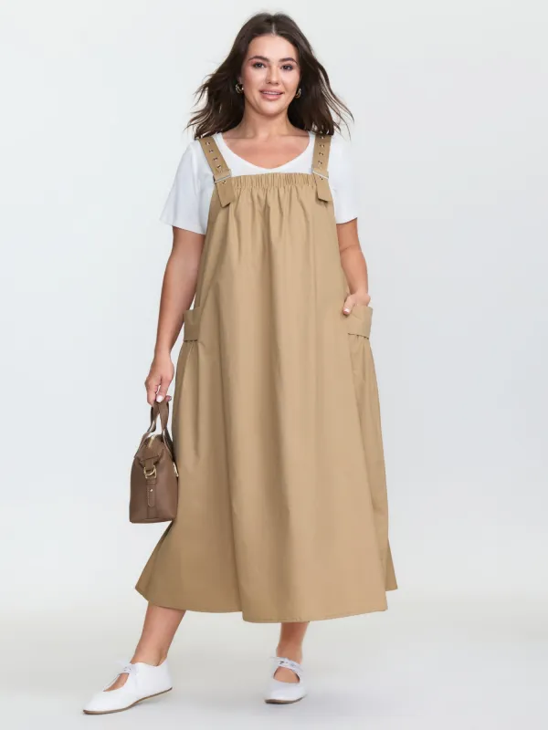 Cotton Adjustable Pockets Overall Midi Dress sold by Bloomchic