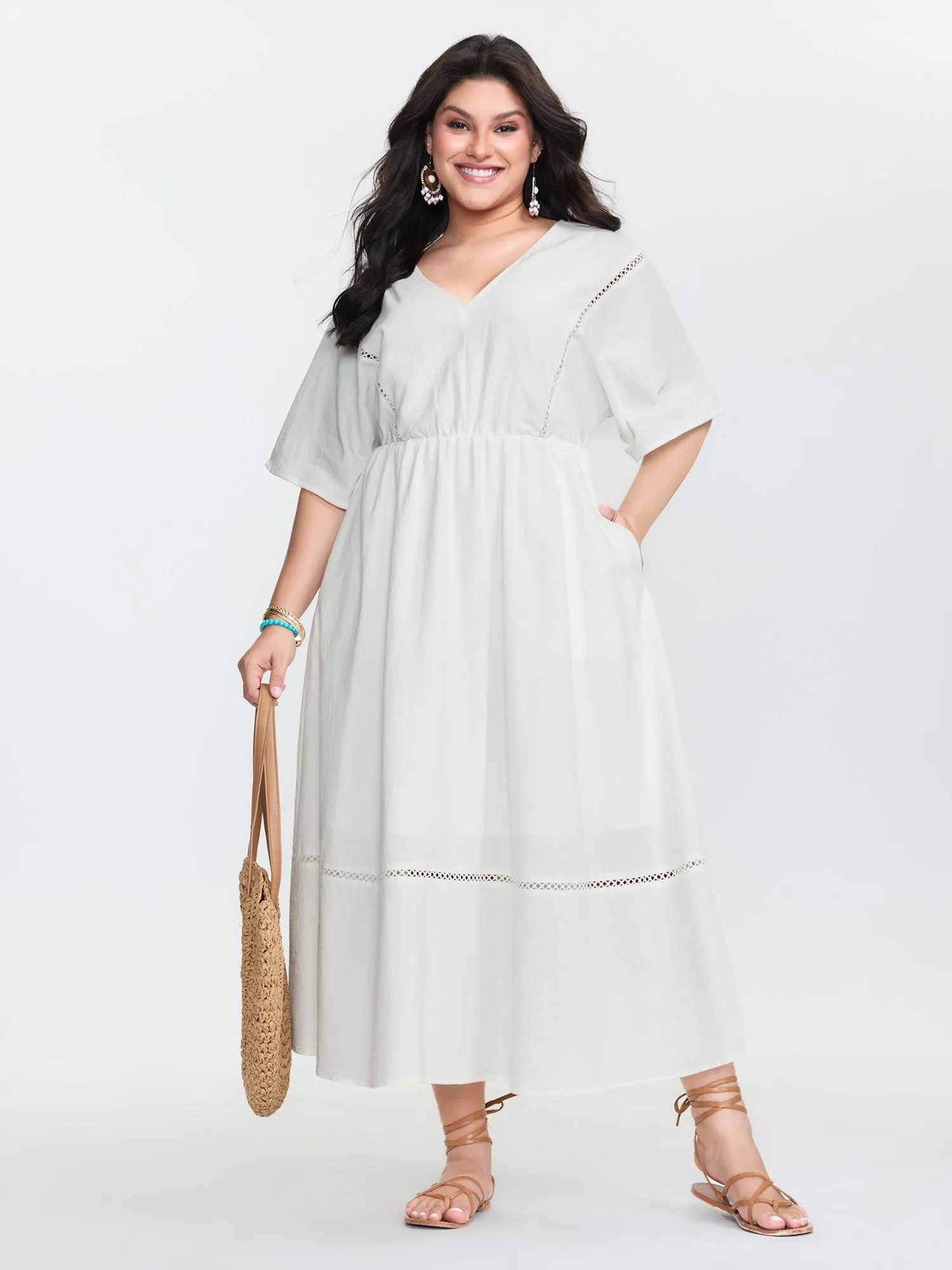 Cotton Lace Trim V-Neck Pockets Maxi Dress sold by Bloomchic product image thumbnail 3