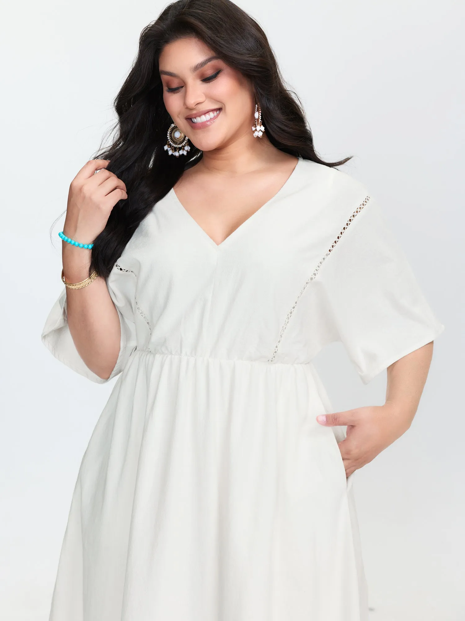 Cotton Lace Trim V-Neck Pockets Maxi Dress sold by Bloomchic product image thumbnail 2