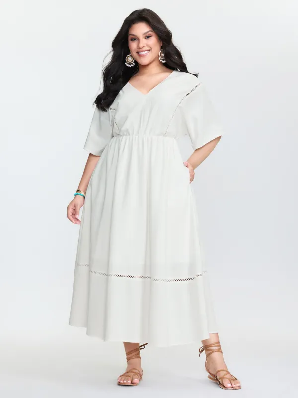 Cotton Lace Trim V-Neck Pockets Maxi Dress sold by Bloomchic
