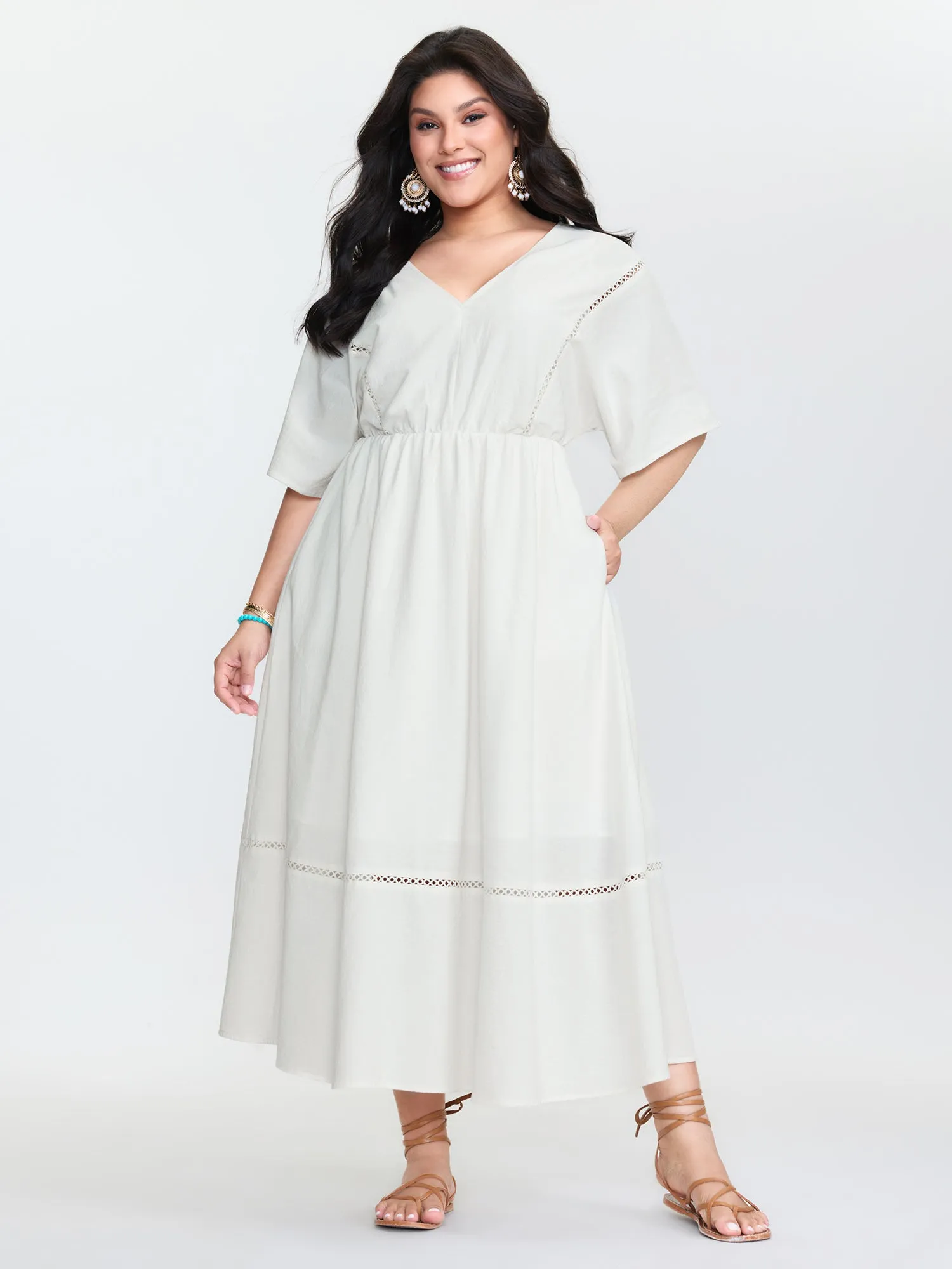 Cotton Lace Trim V-Neck Pockets Maxi Dress sold by Bloomchic