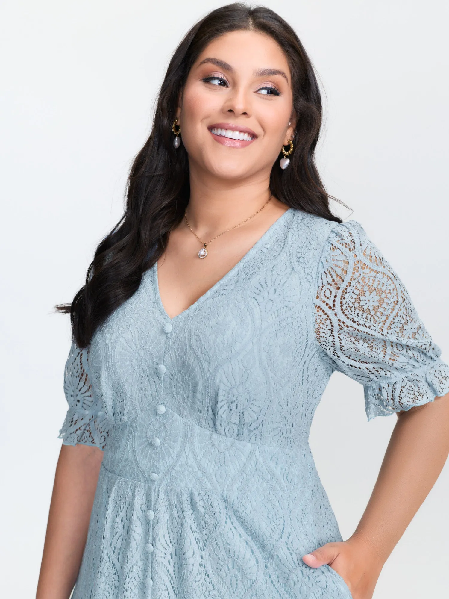 Lace Trim Shirred Button Detail Midi Dress sold by Bloomchic product image thumbnail 2