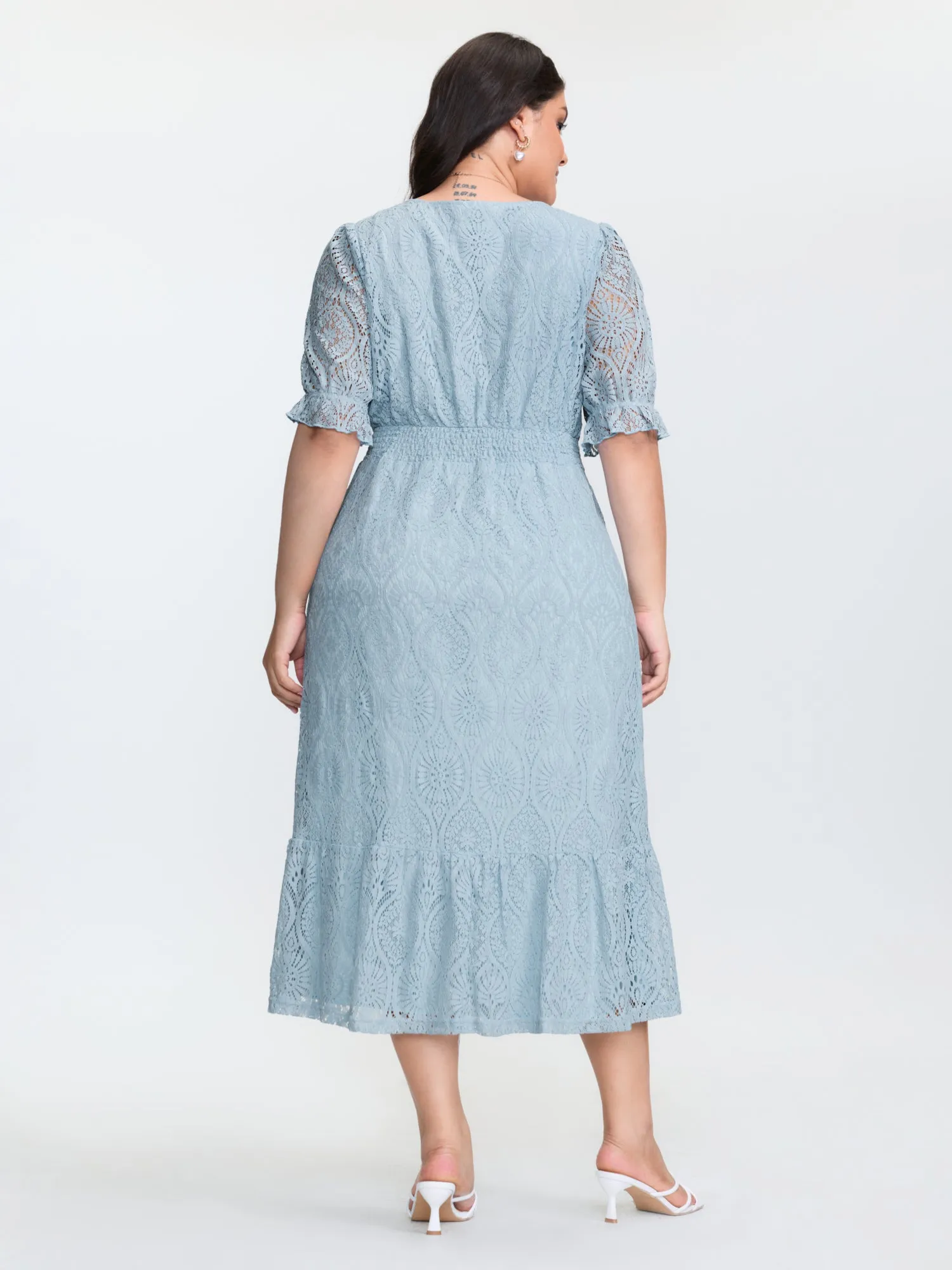 Lace Trim Shirred Button Detail Midi Dress sold by Bloomchic product image thumbnail 4