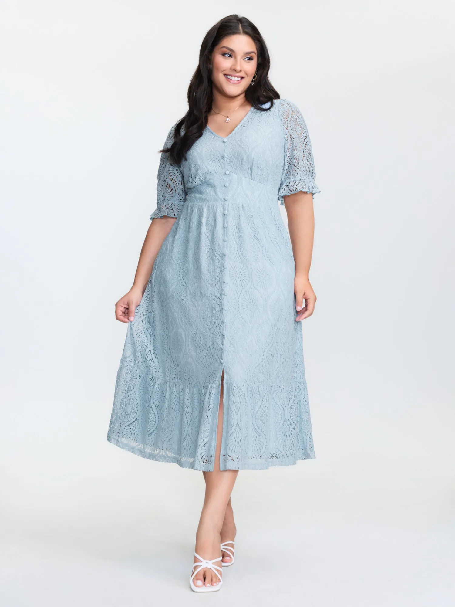 Lace Trim Shirred Button Detail Midi Dress sold by Bloomchic product image thumbnail 3