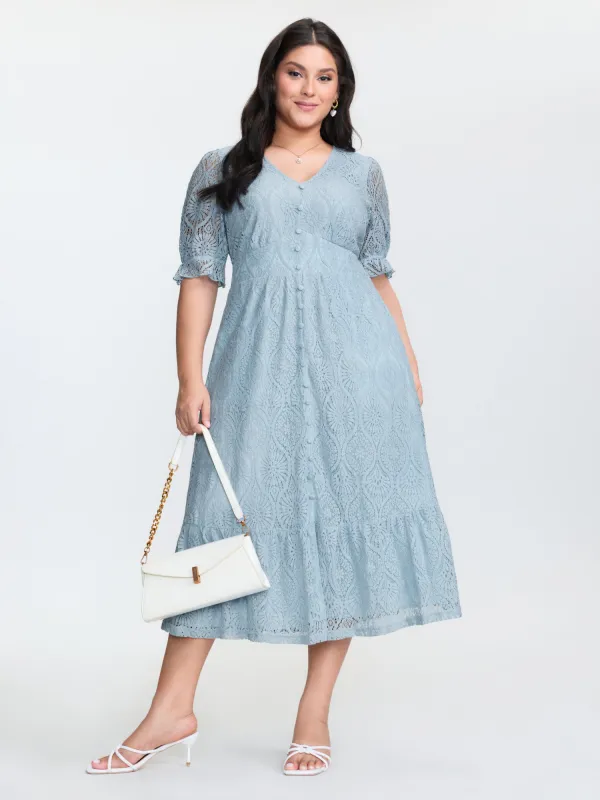 Lace Trim Shirred Button Detail Midi Dress sold by Bloomchic
