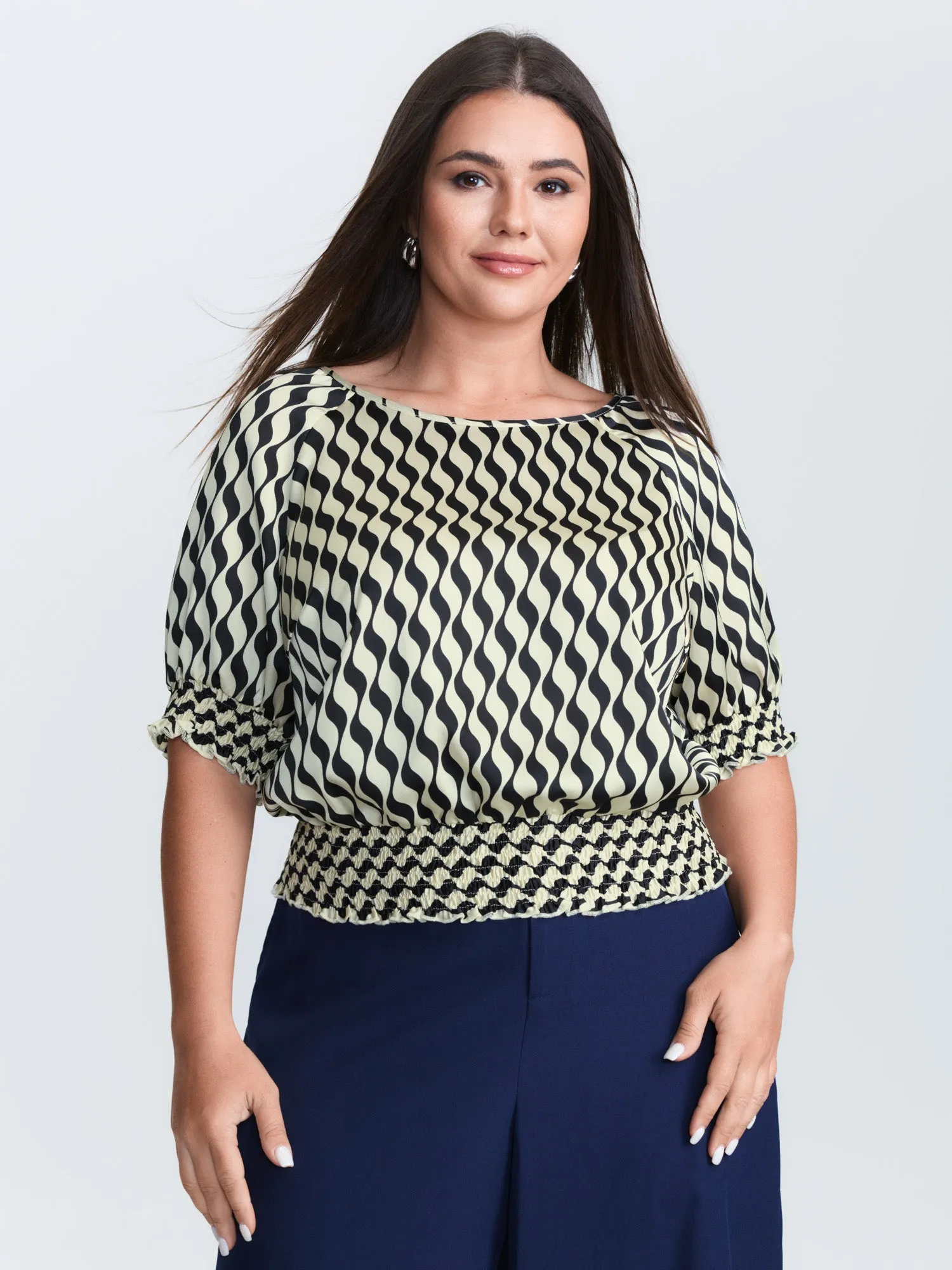 Geometric Stripes Stretchy Hem Blouse sold by Bloomchic