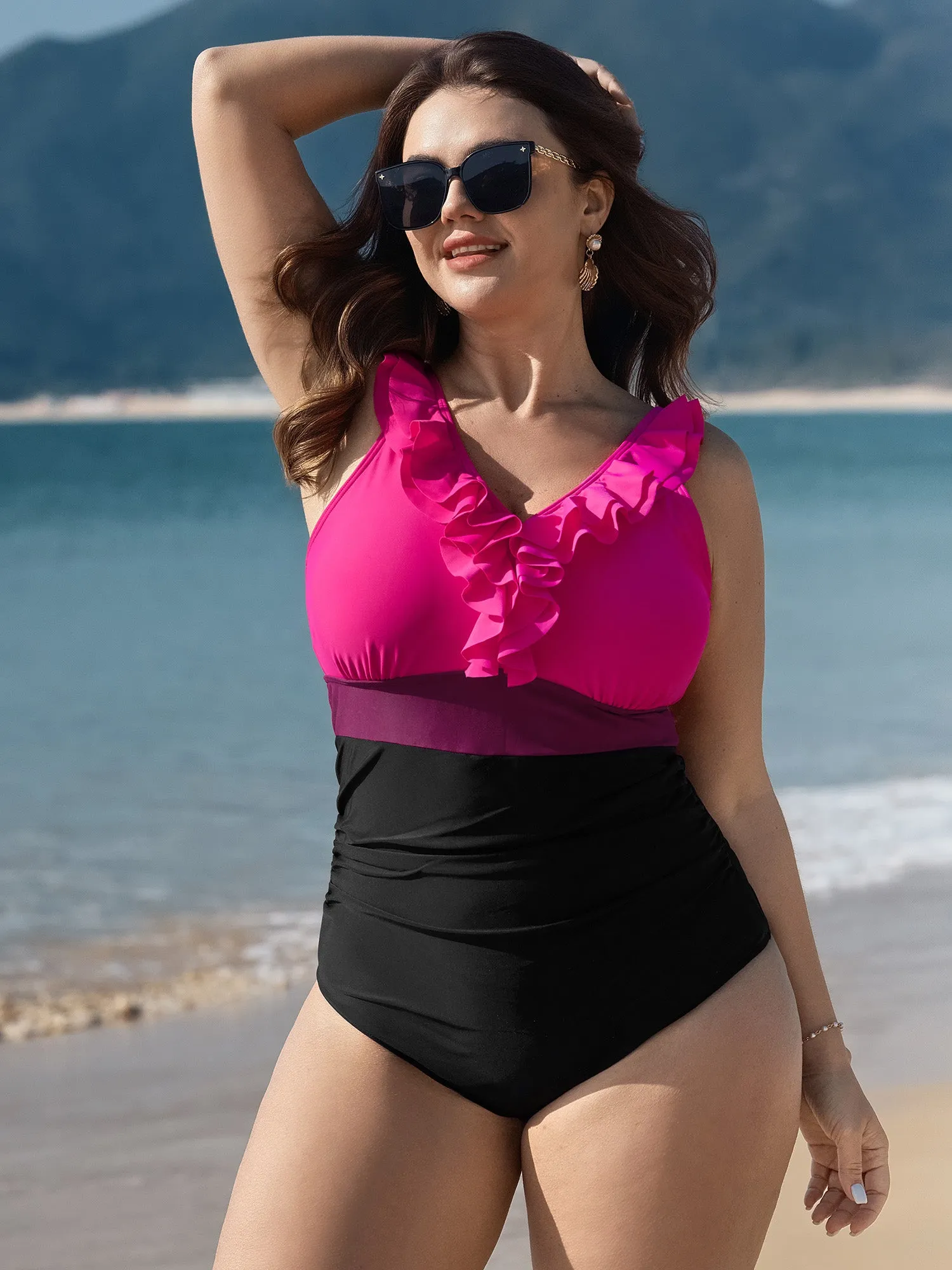 Color Contrast Ruffled Trim One-Piece Swimsuit sold by Bloomchic