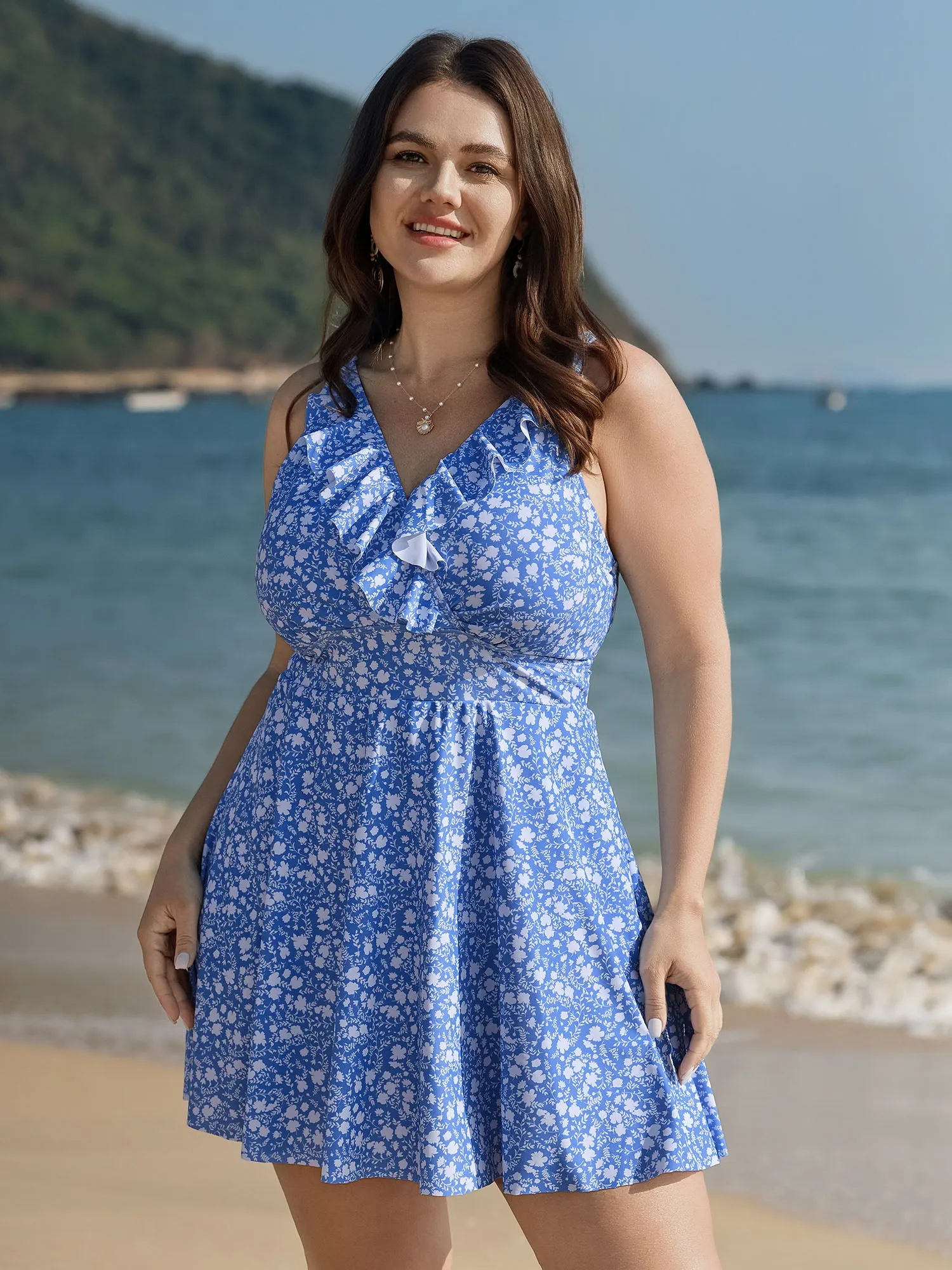 Ruffled Colorblock Floral Swim Dress sold by Bloomchic