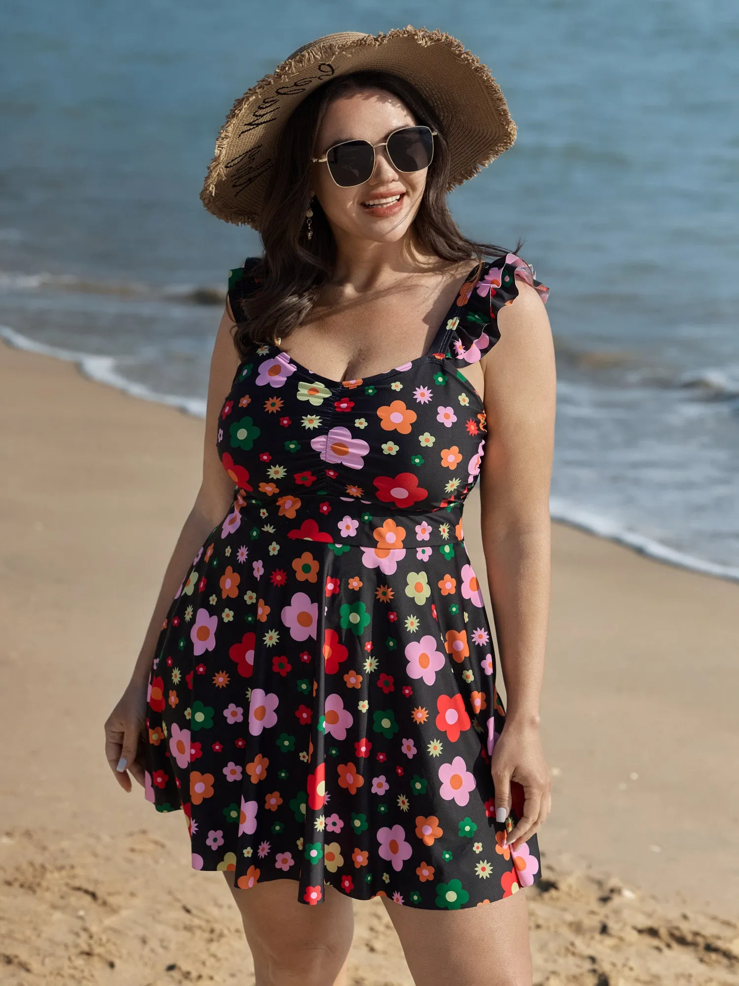 Anti-Float Tie Floral Pattern Swim Dress sold by Bloomchic