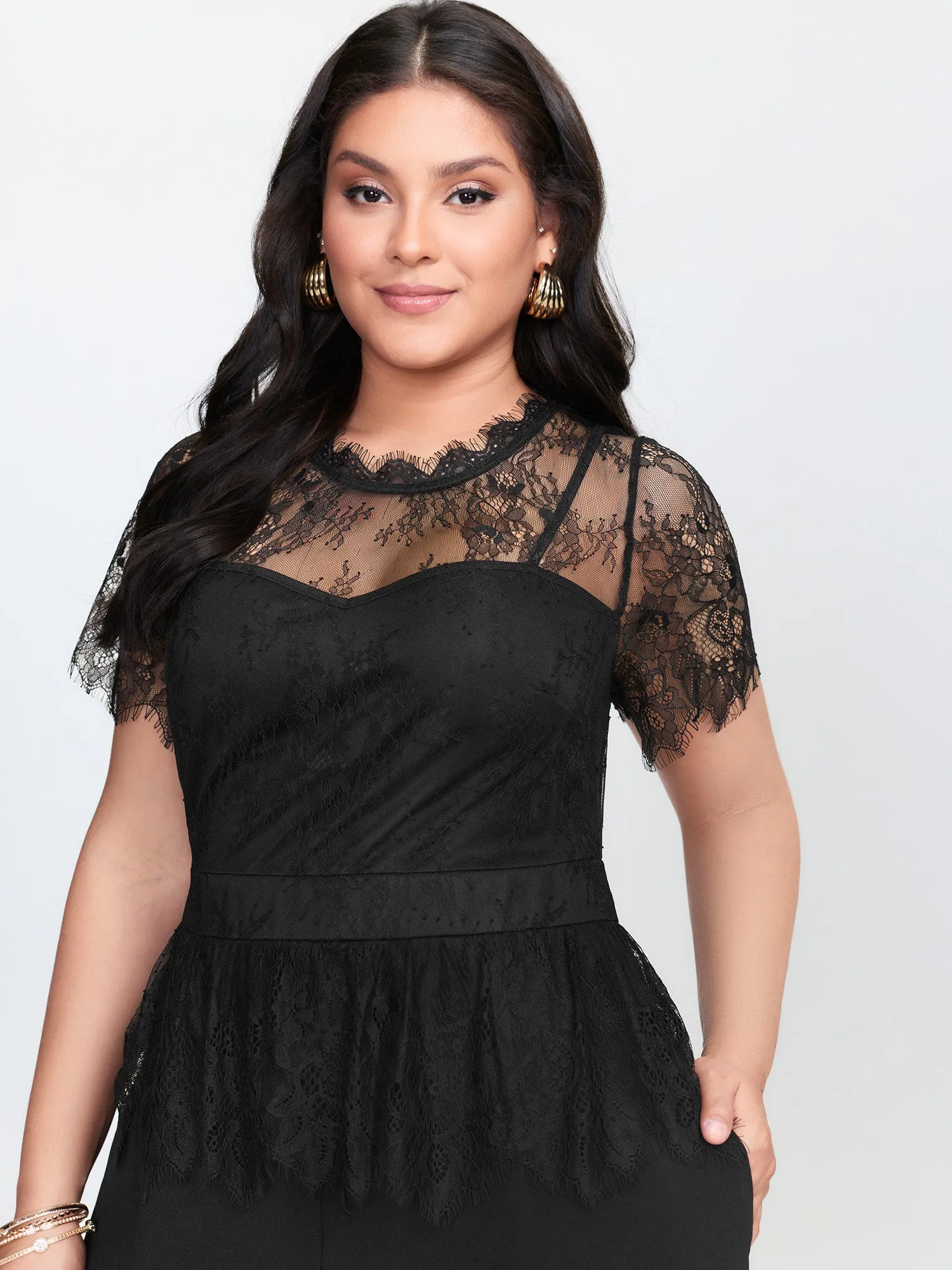 Sheer Lace Neckline Ruffled Waist Jumpsuit sold by Bloomchic product image thumbnail 2