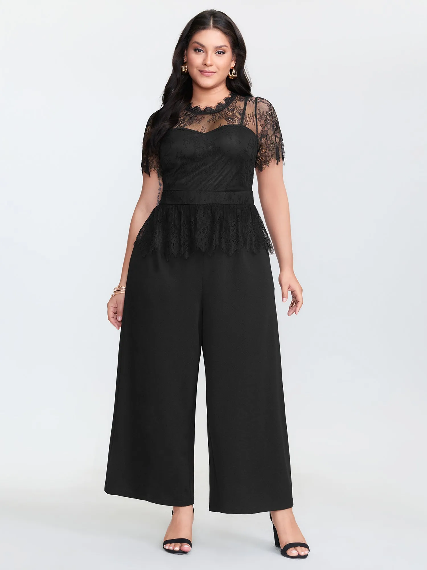 Sheer Lace Neckline Ruffled Waist Jumpsuit sold by Bloomchic