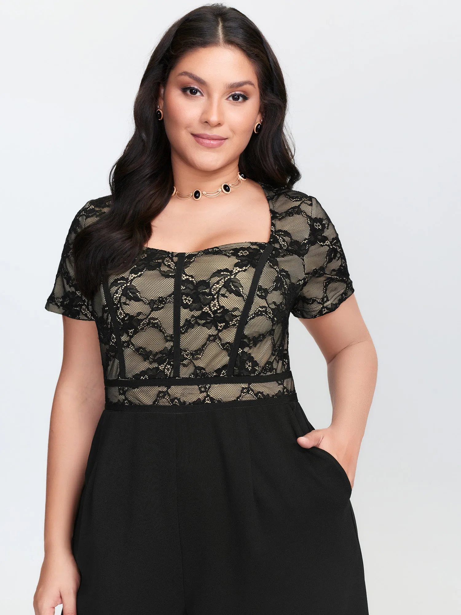 Lace Trim Stretchy Waist Pockets Jumpsuit sold by Bloomchic product image thumbnail 2