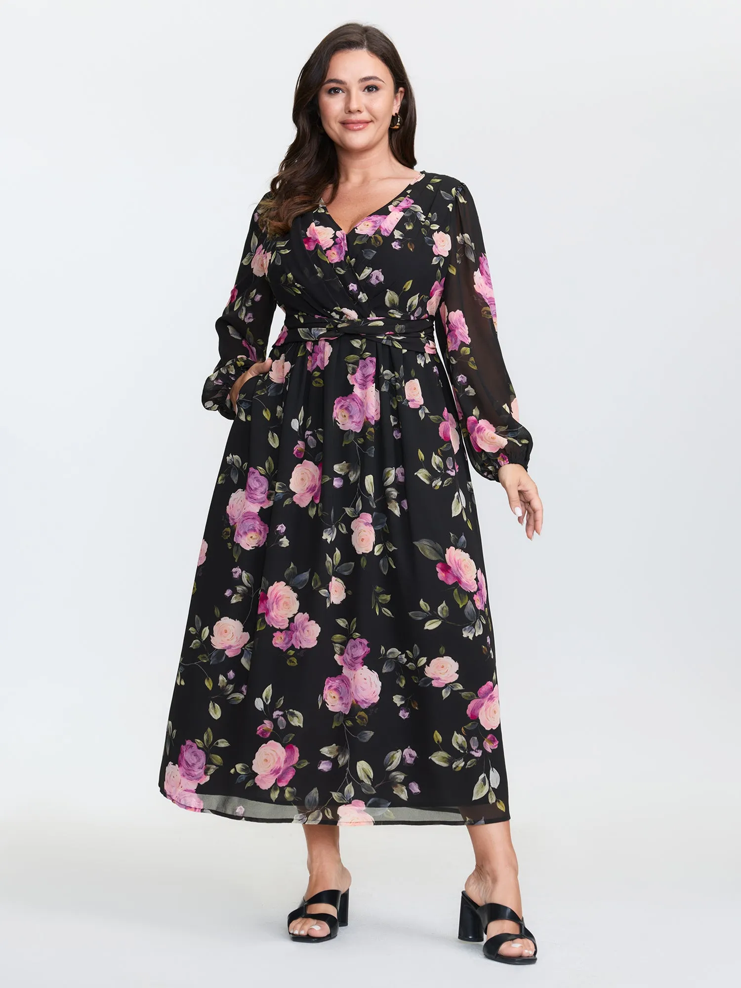 Rosy Pattern Pleated Waist Maxi Dress sold by Bloomchic