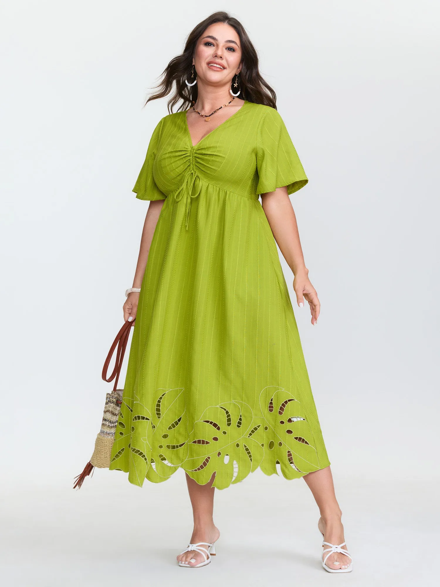 Ruched Bodice Embroidered Cut Out Midi Dress sold by Bloomchic