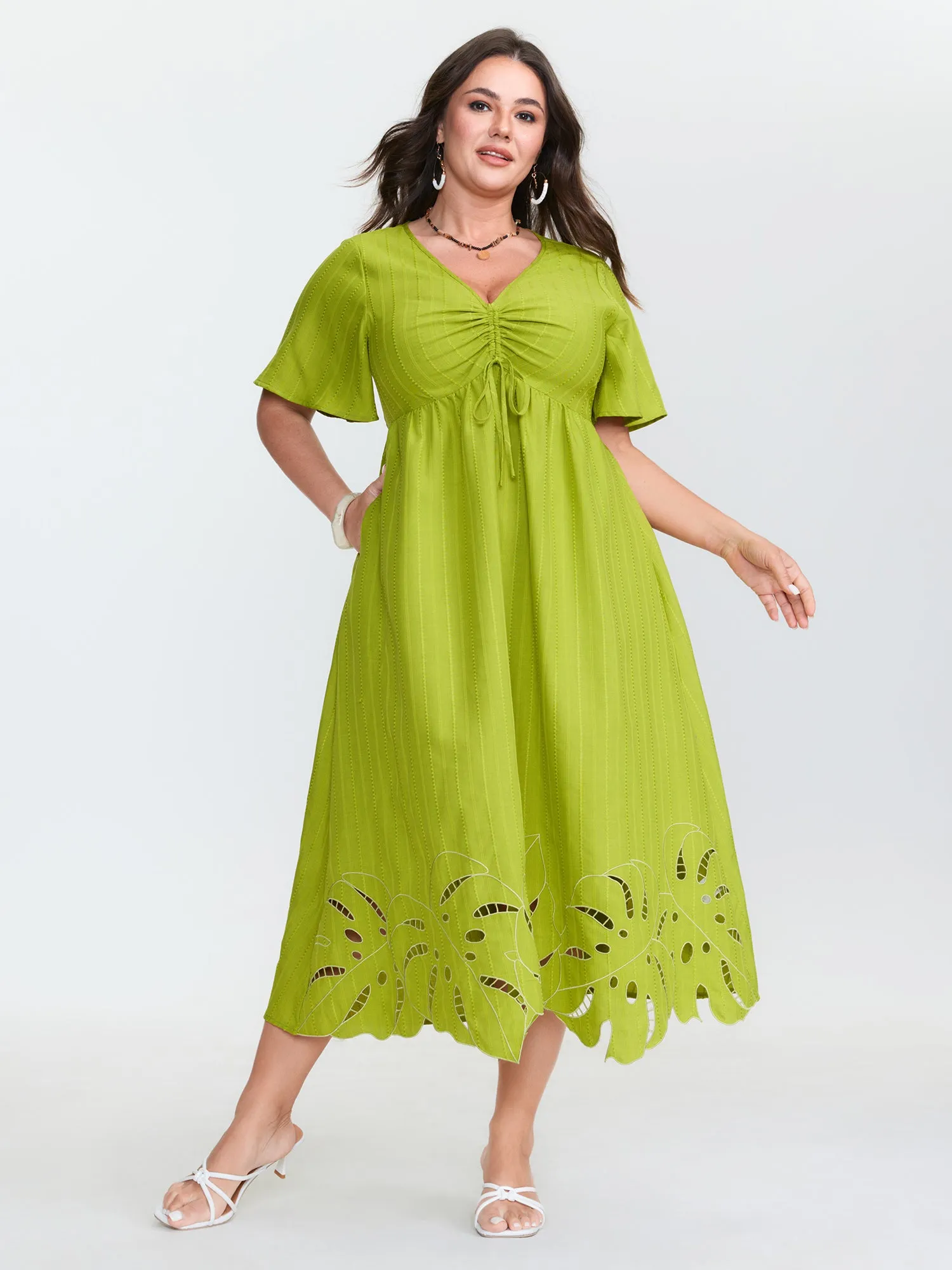 Ruched Bodice Embroidered Cut Out Midi Dress sold by Bloomchic product image thumbnail 2