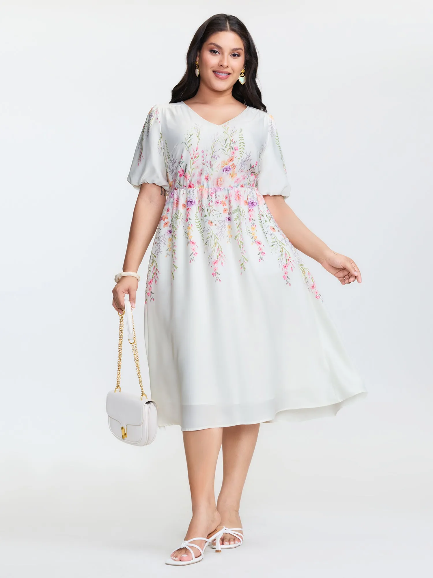 Floral Print V-Neck Bubble Sleeve Midi Dress sold by Bloomchic product image thumbnail 3