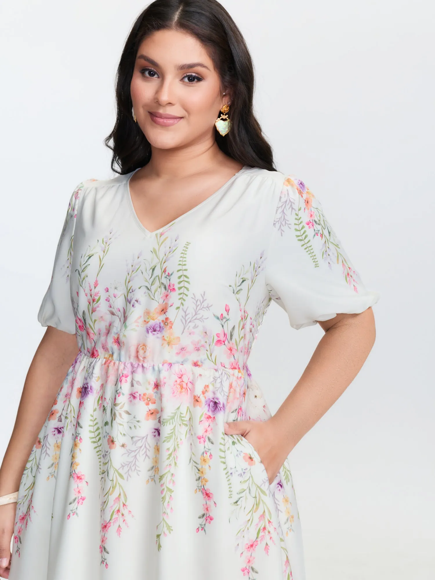 Floral Print V-Neck Bubble Sleeve Midi Dress sold by Bloomchic product image thumbnail 2