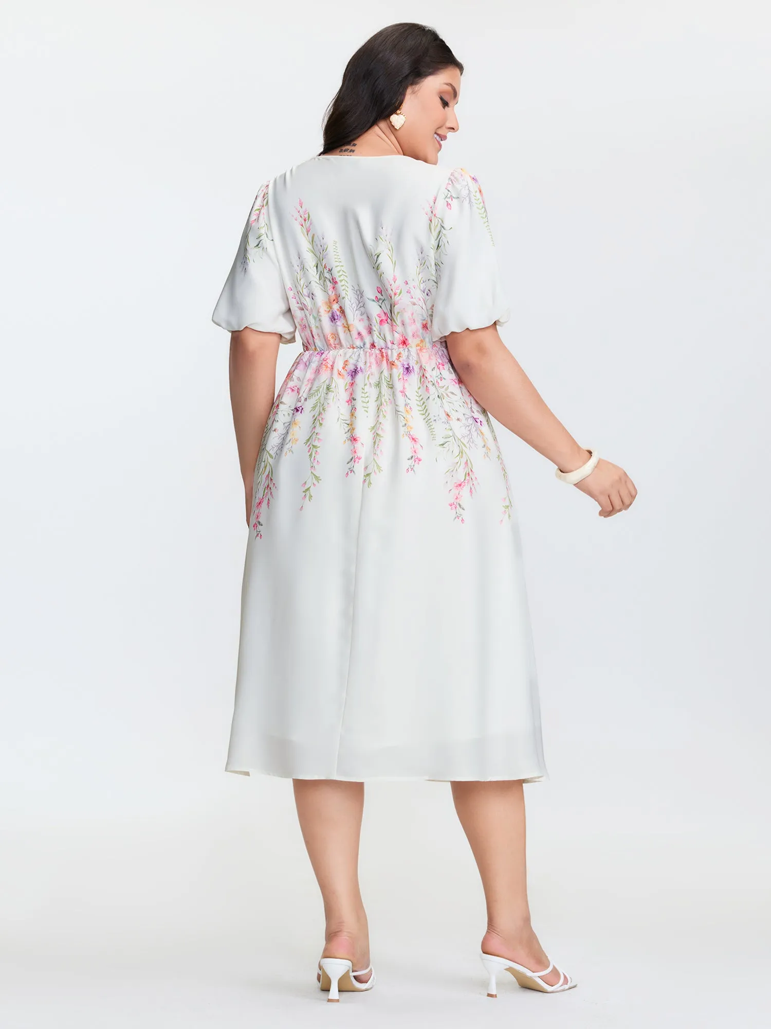 Floral Print V-Neck Bubble Sleeve Midi Dress sold by Bloomchic product image thumbnail 4