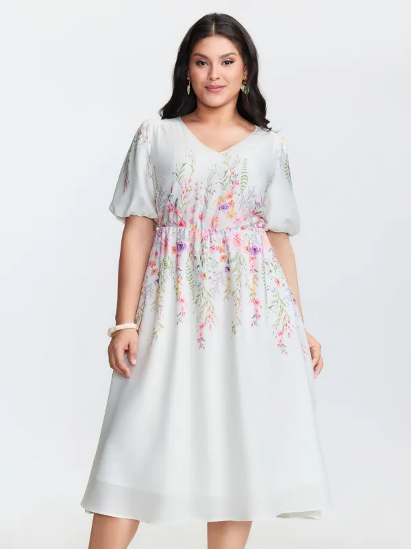 Floral Print V-Neck Bubble Sleeve Midi Dress sold by Bloomchic