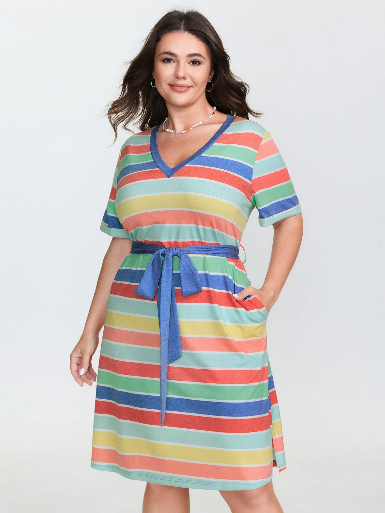 Colorful Stripe Heather Pockets Midi Dress sold by Bloomchic