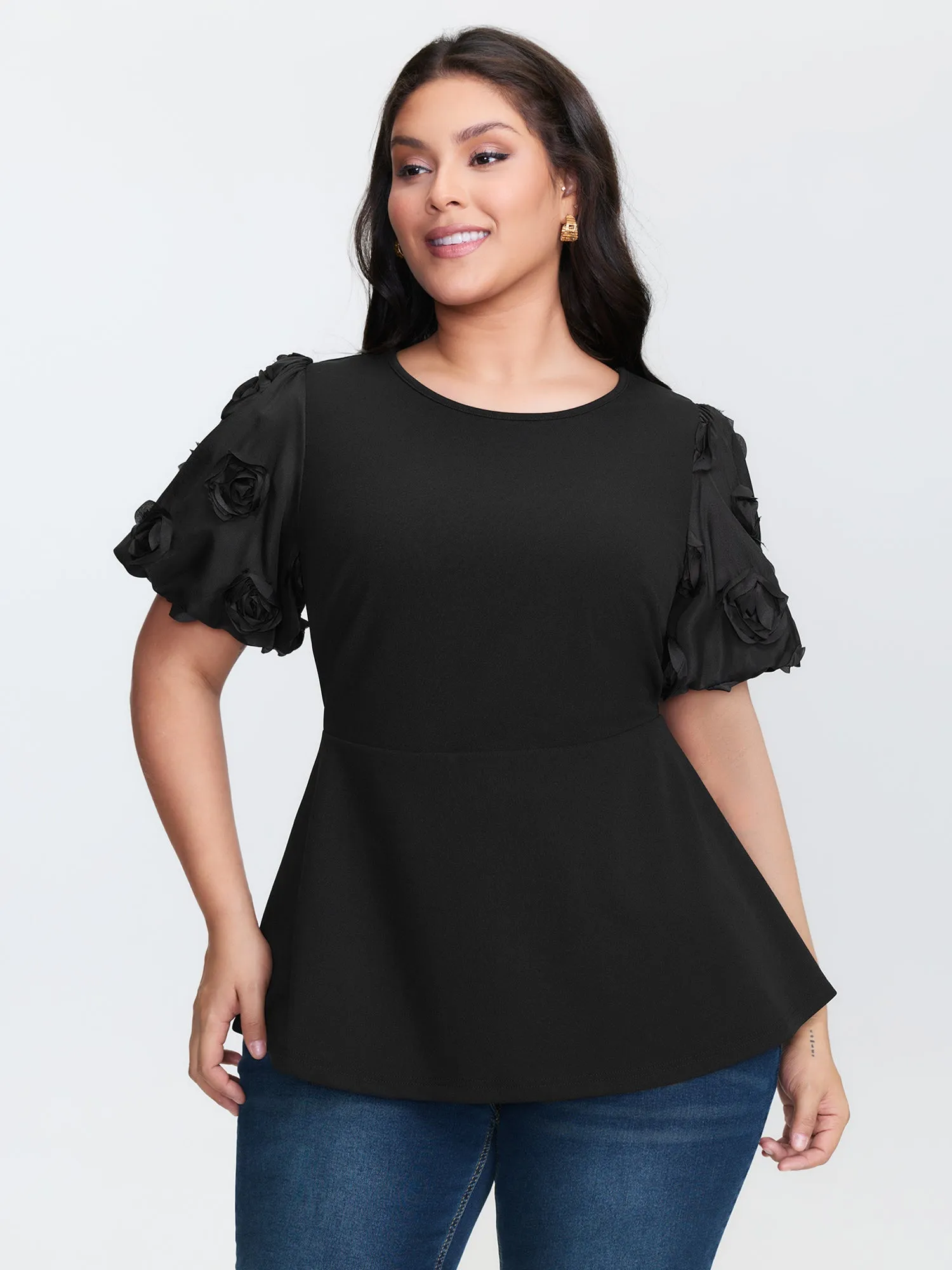 3D Textured Sleeve Cinched-Waist T-Shirt sold by Bloomchic