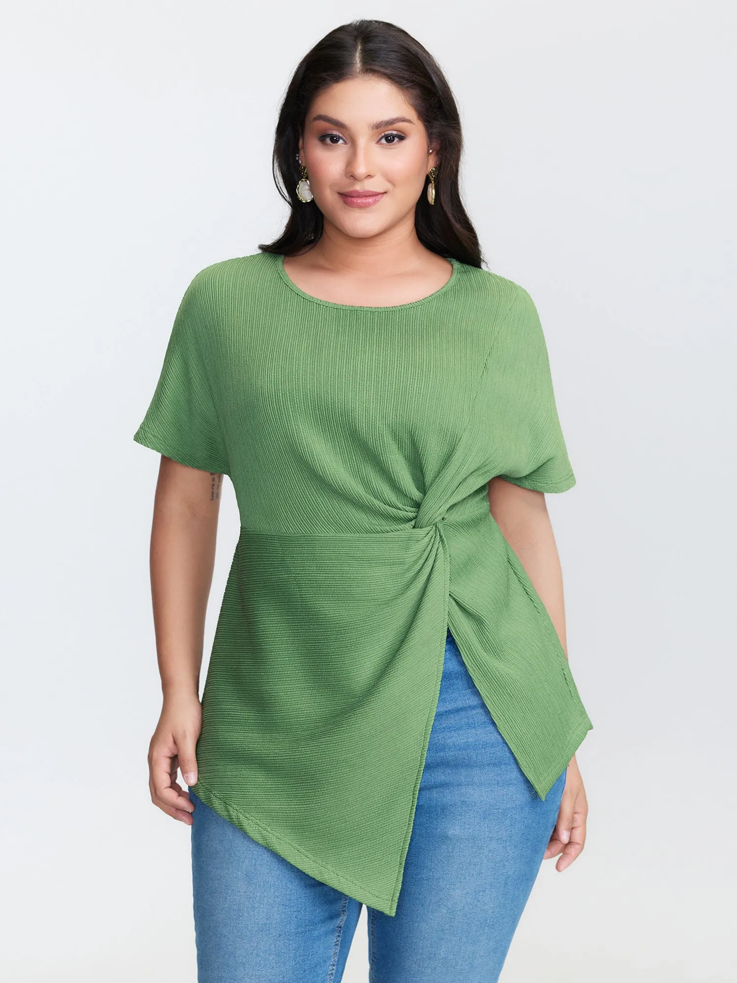 Knotted Side Waist Slit T-Shirt sold by Bloomchic