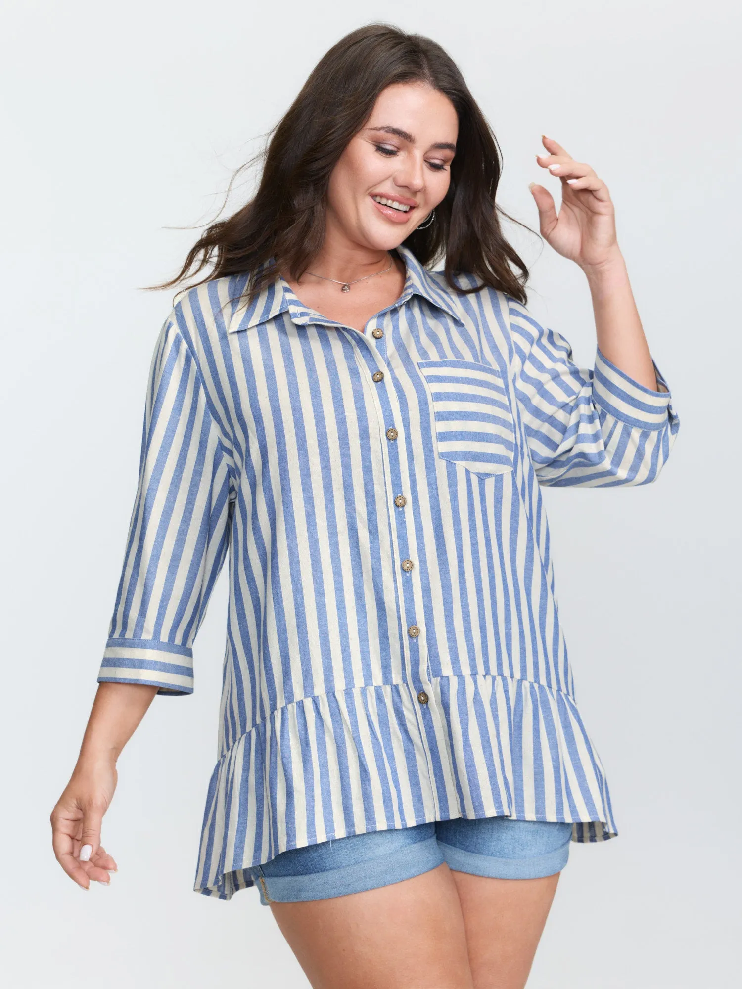 Striped Ruffled Hem Button-Down Top sold by Bloomchic