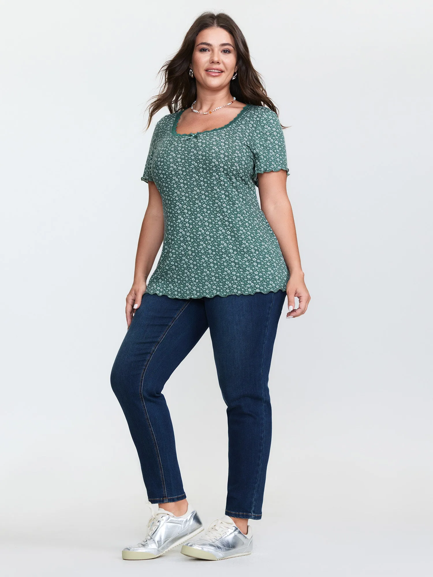 Floral Print Lace Neckline T-Shirt sold by Bloomchic product image thumbnail 3