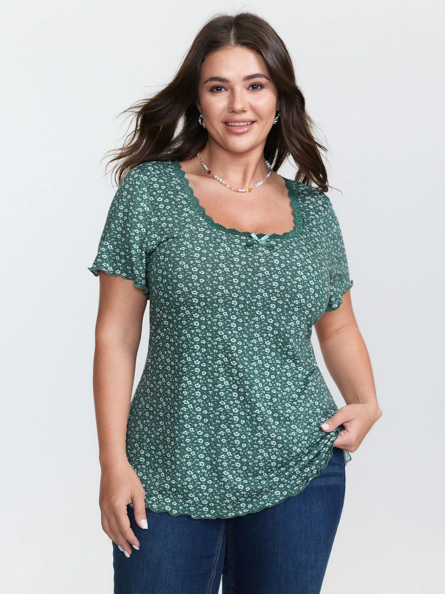 Floral Print Lace Neckline T-Shirt sold by Bloomchic