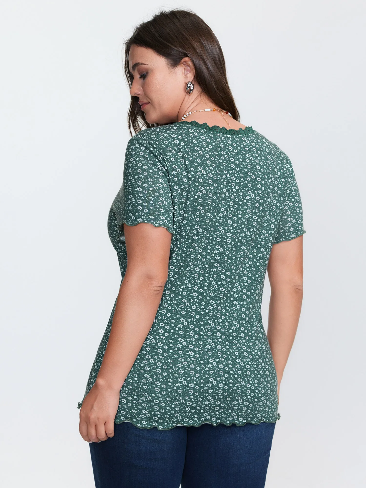 Floral Print Lace Neckline T-Shirt sold by Bloomchic product image thumbnail 4