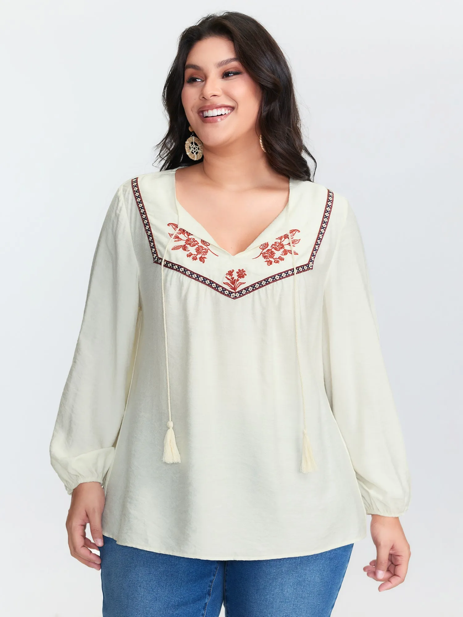 Floral Embroidered Drawstring Neckline Blouse sold by Bloomchic