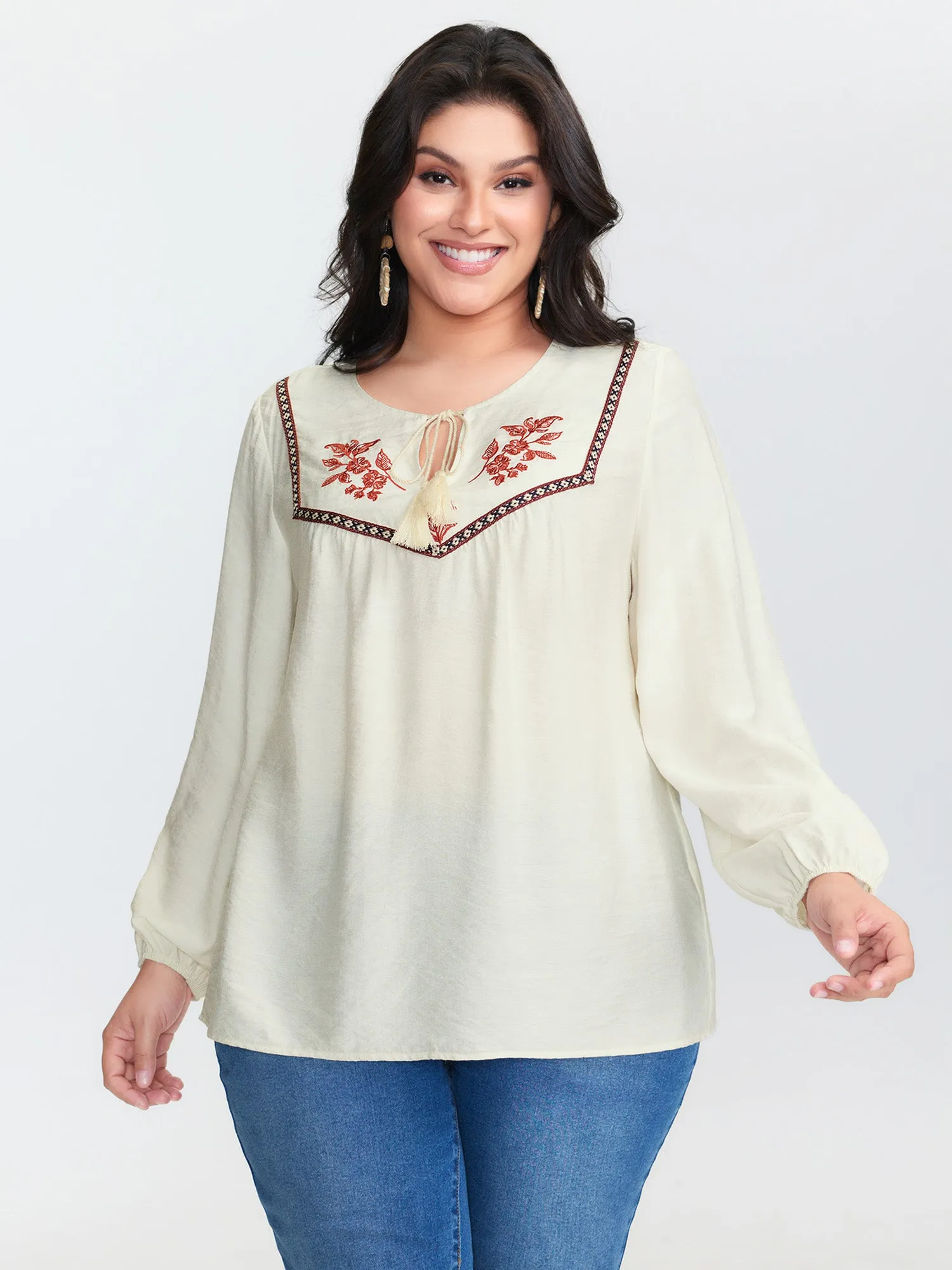 Floral Embroidered Drawstring Neckline Blouse sold by Bloomchic product image thumbnail 4