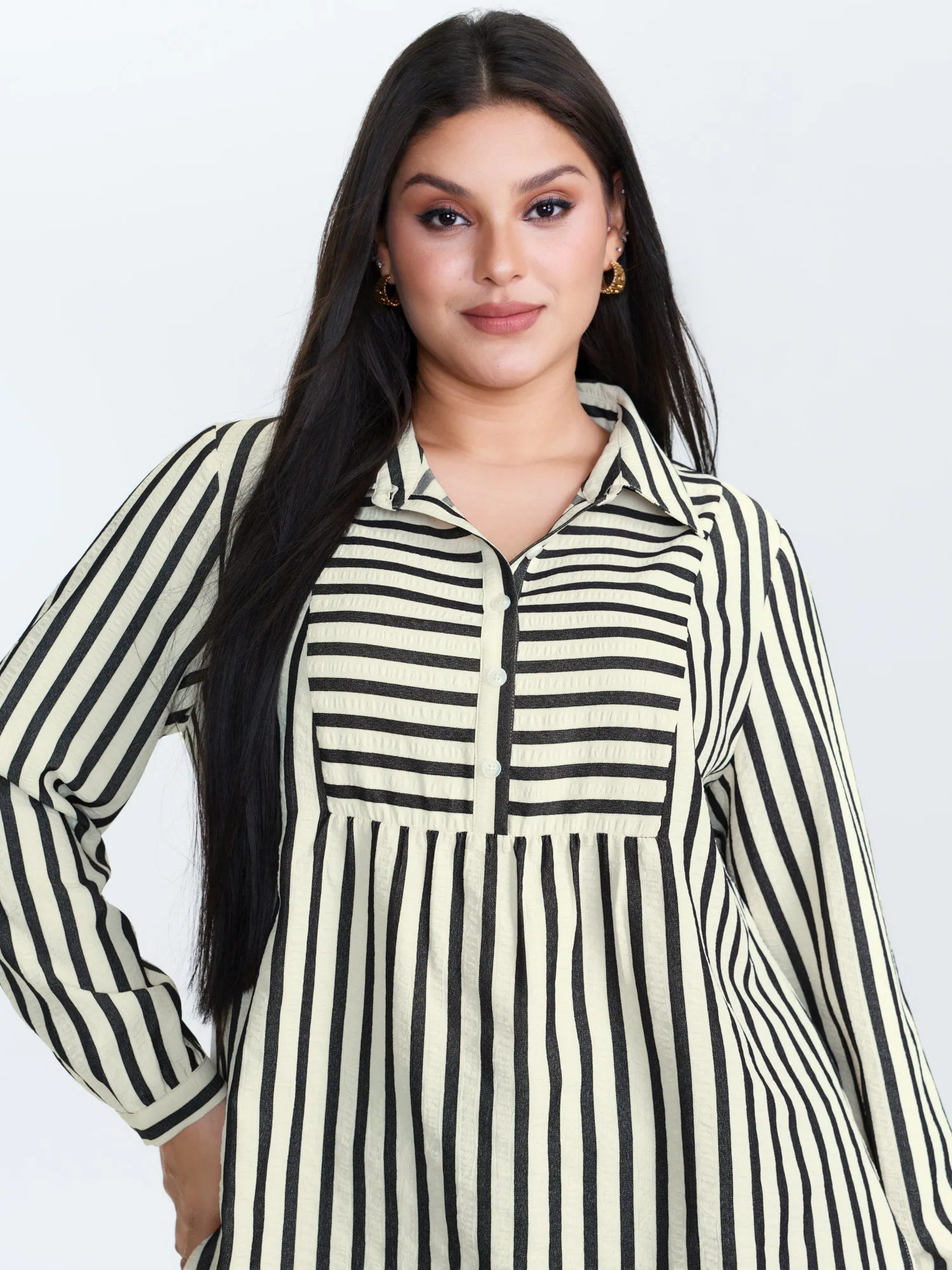 Striped Collar Textured Half-Placket Blouse sold by Bloomchic product image thumbnail 2