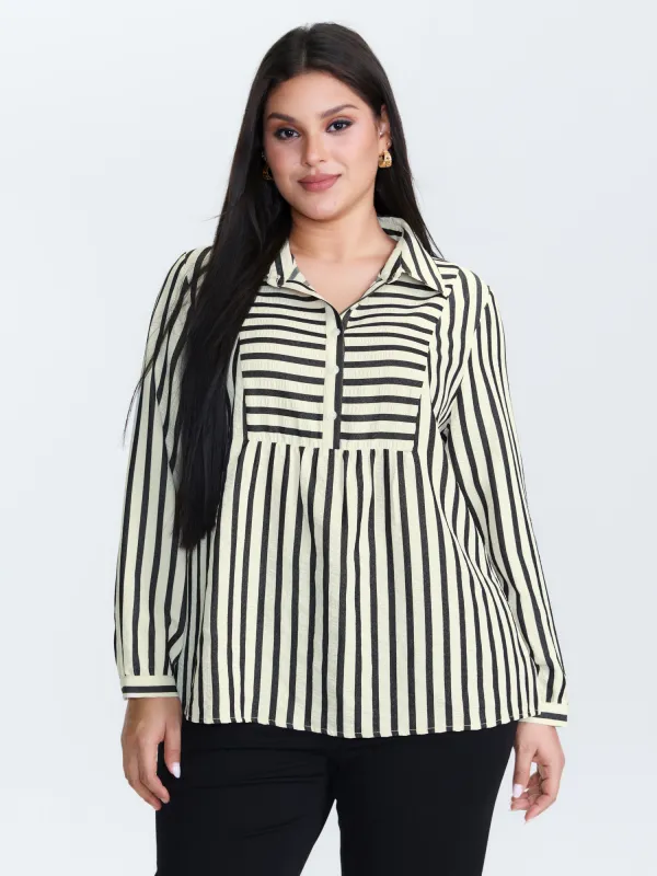 Striped Collar Textured Half-Placket Blouse sold by Bloomchic
