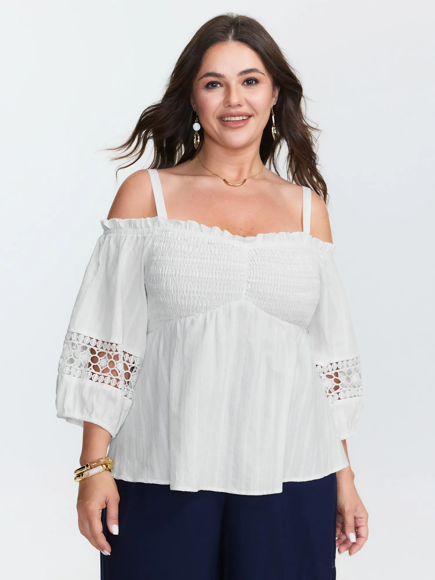 Cotton Off-Shoulder Lace Trim Sleeve Blouse sold by Bloomchic