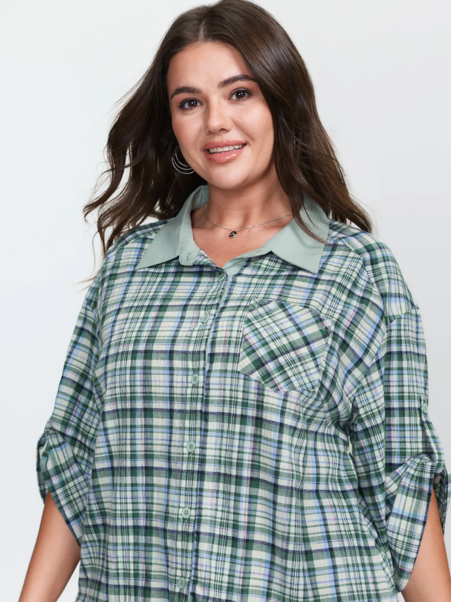 Cotton Grid Pattern Contrast Button-Down Blouse sold by Bloomchic product image thumbnail 2