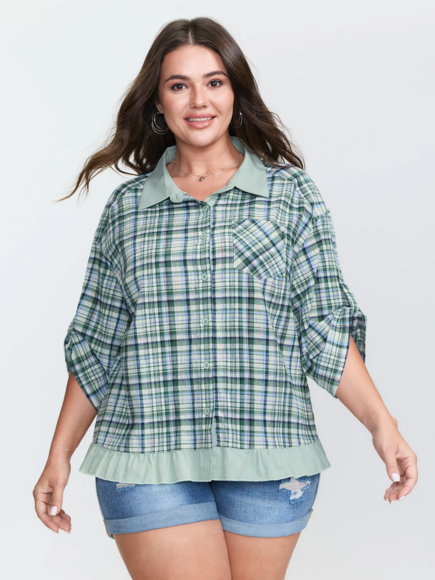 Cotton Grid Pattern Contrast Button-Down Blouse sold by Bloomchic