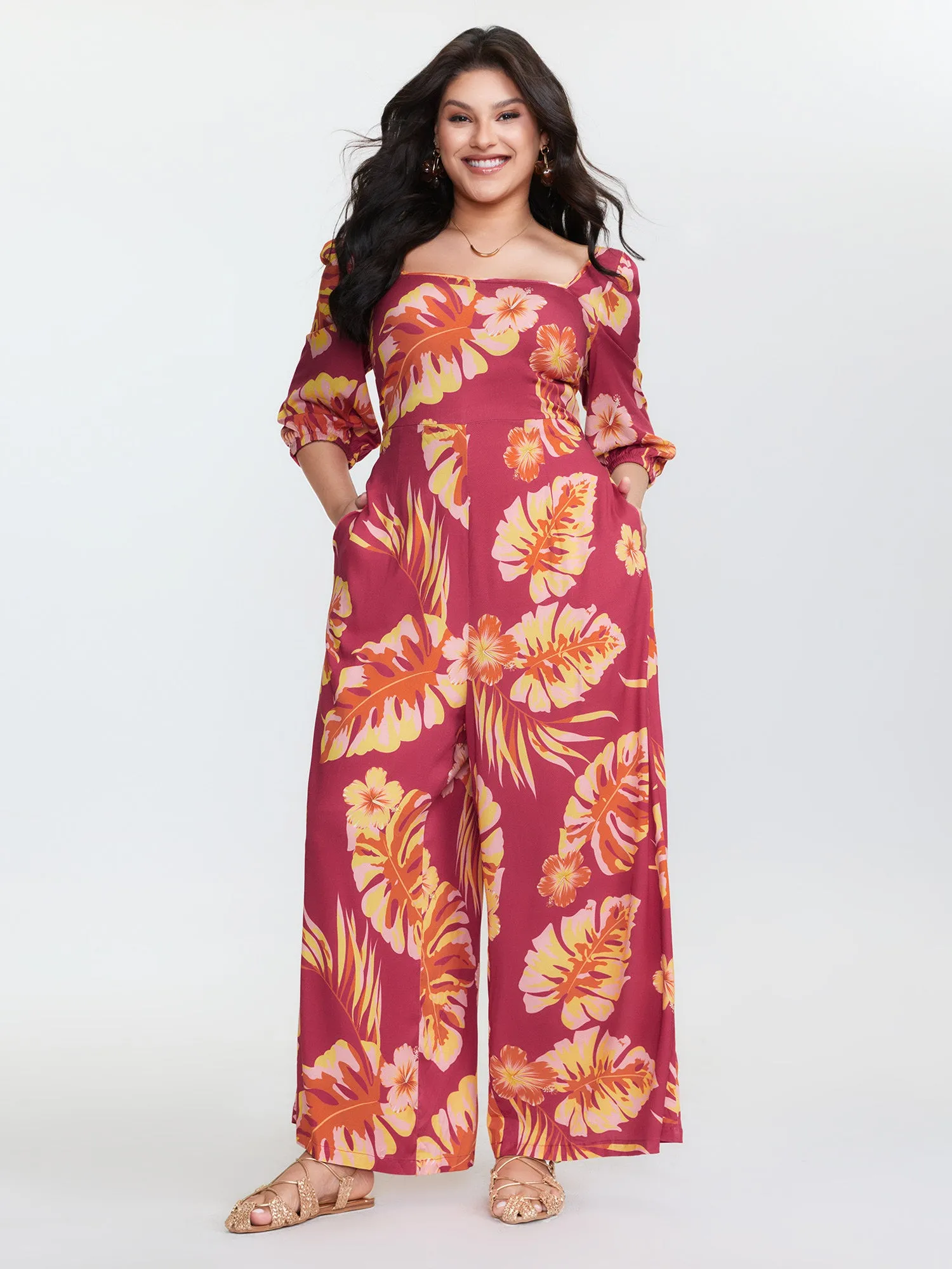 Tropical Floral Print Square Neckline Jumpsuit sold by Bloomchic product image thumbnail 2