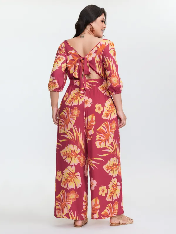 Tropical Floral Print Square Neckline Jumpsuit sold by Bloomchic