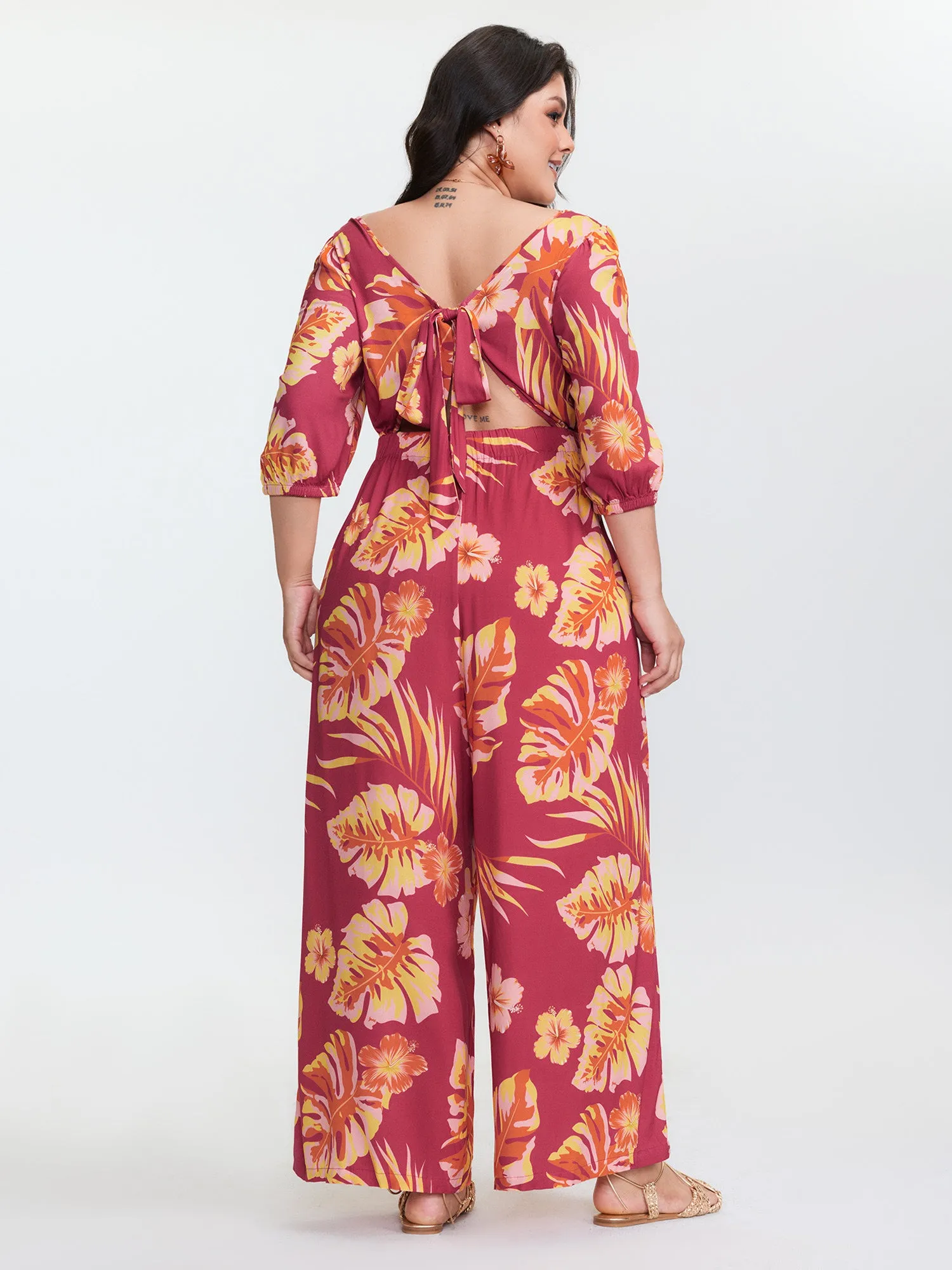Tropical Floral Print Square Neckline Jumpsuit sold by Bloomchic