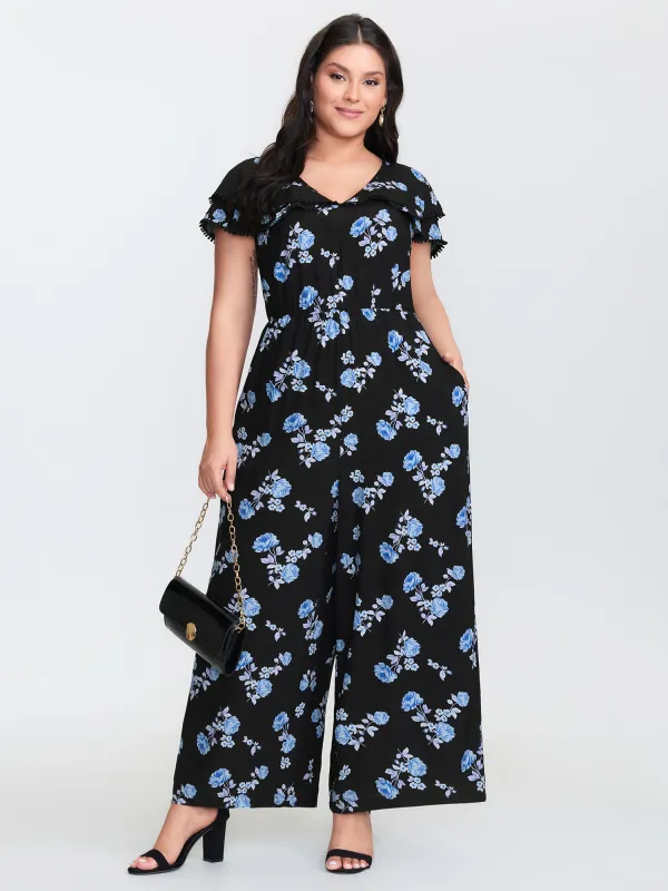 Lace Trim Layered V-Neck Jumpsuit sold by Bloomchic