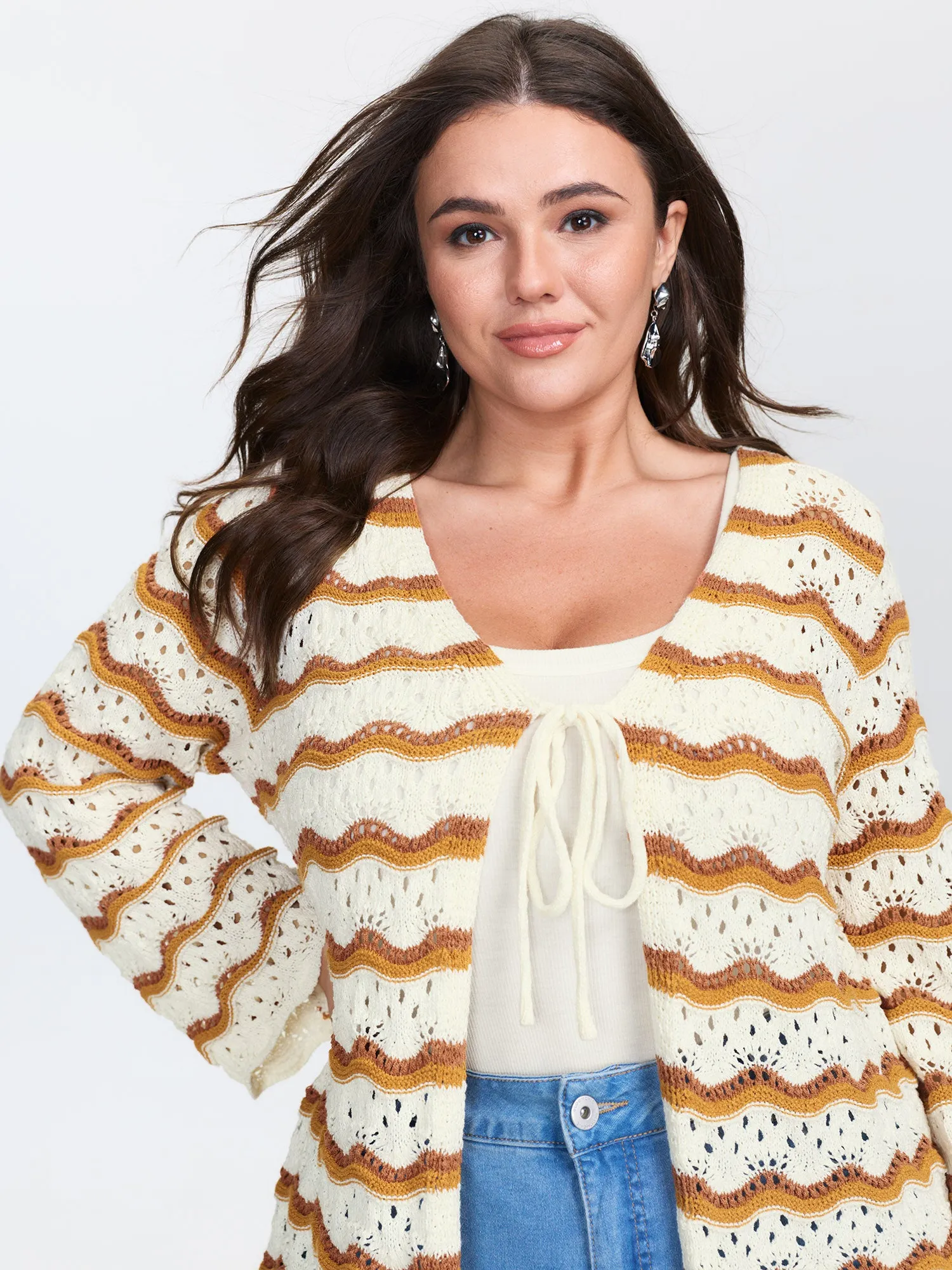 Cut-Out Colorblock Flared Sleeve Knit Cardigan sold by Bloomchic product image thumbnail 2