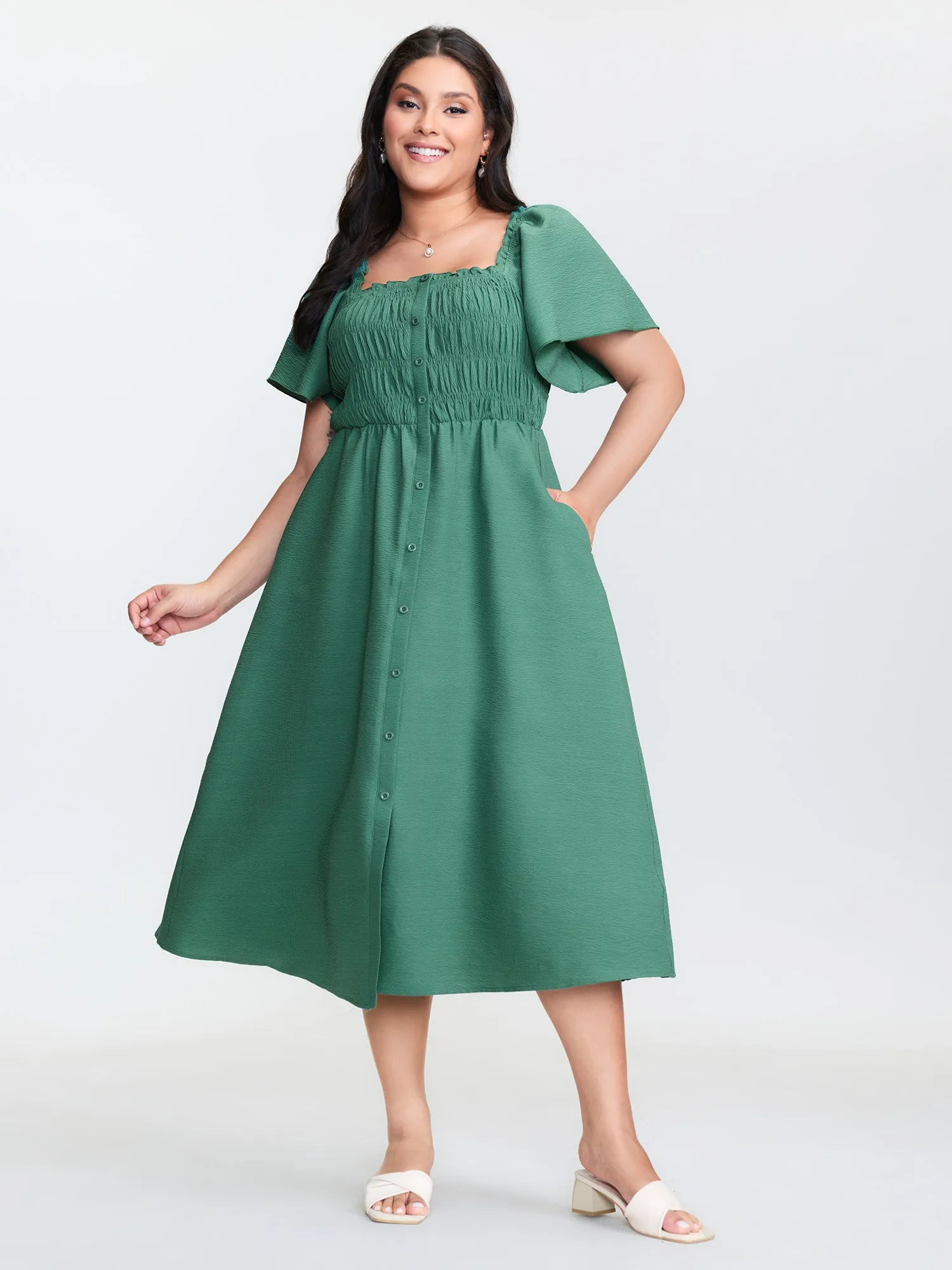 Bust-Friendly Flared Sleeve Midi Dress sold by Bloomchic