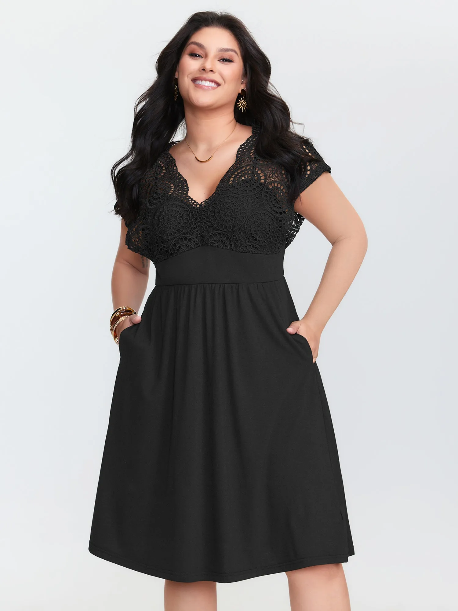Sheer Lace Sleeve Flowy Midi Dress sold by Bloomchic
