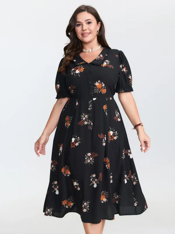 Retro Floral Print Cinched-Waist Midi Dress sold by Bloomchic