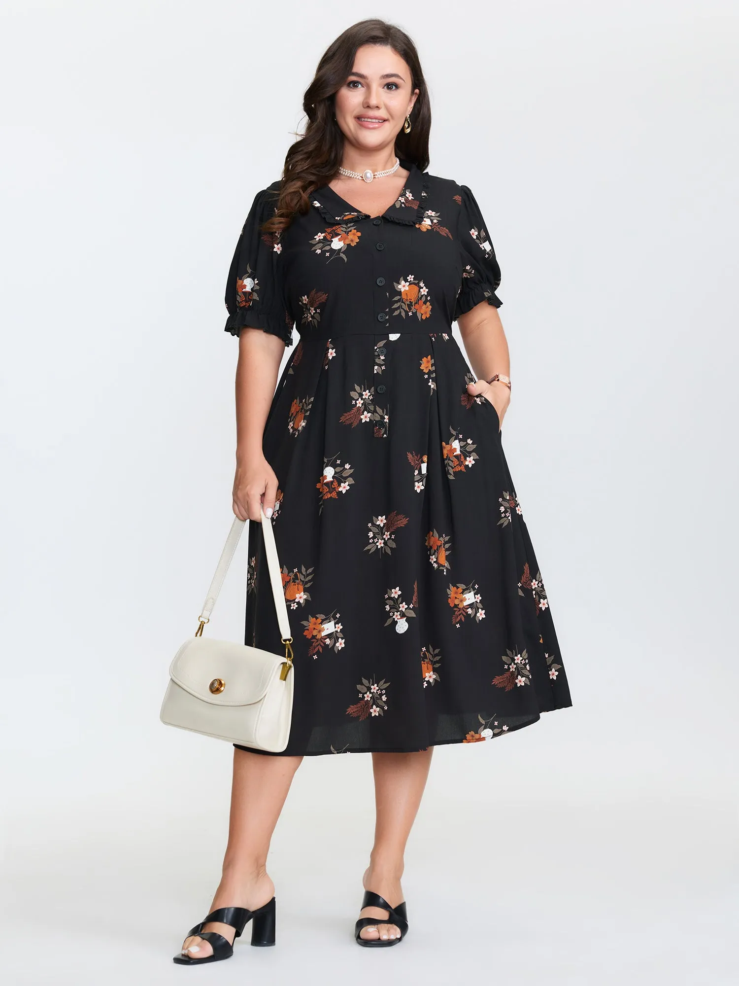 Retro Floral Print Cinched-Waist Midi Dress sold by Bloomchic product image thumbnail 3