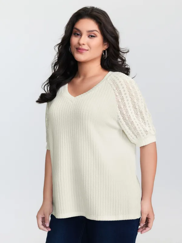 Textured Spliced V-Neck T-Shirt made by Bloomchic