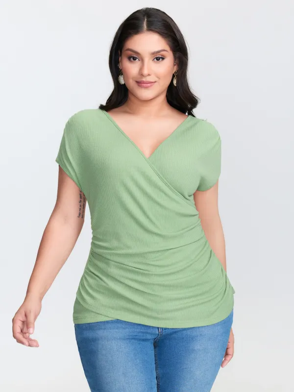 Lace Wrap Ruched Side Knit Top sold by Bloomchic