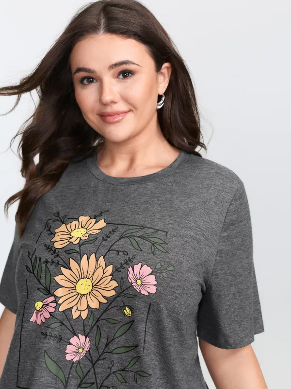 Graphic Floral Print Round Neck T-Shirt sold by Bloomchic